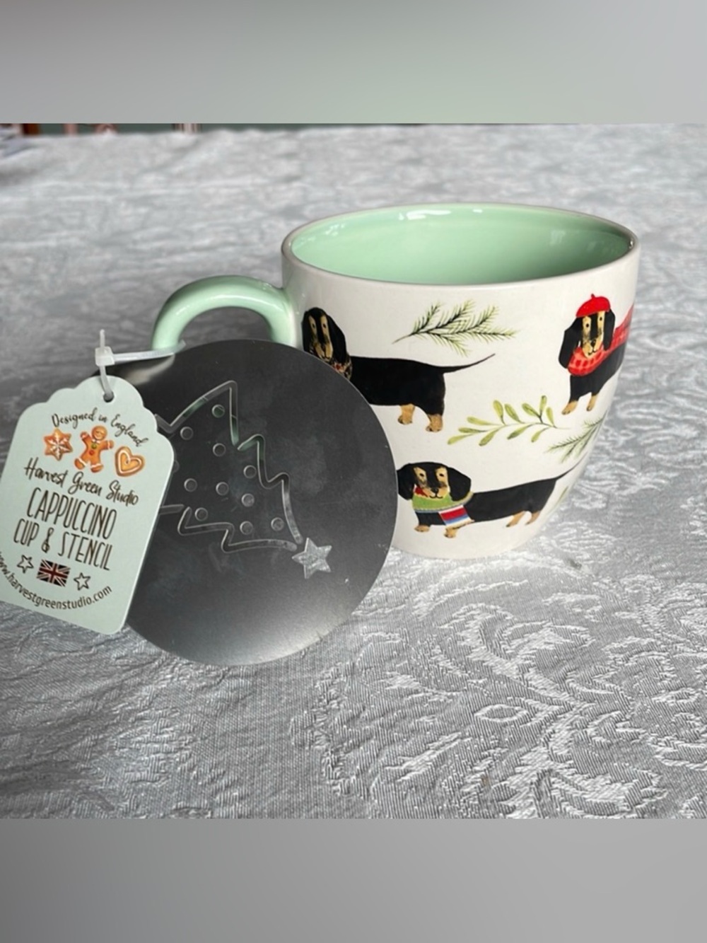 Dachshund themed cup with stencil for fine cocoa/powder creamer